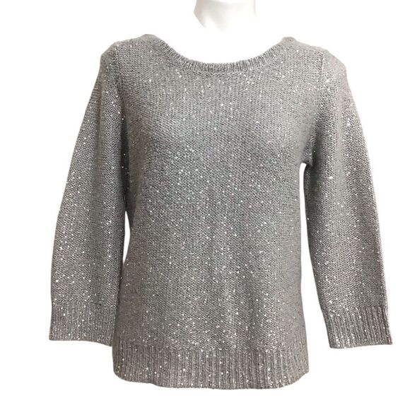 Eileen Fisher Gray Sequin Crew Neck Sweater  Long Sleeve Size Medium Petite - Picture 1 of 13